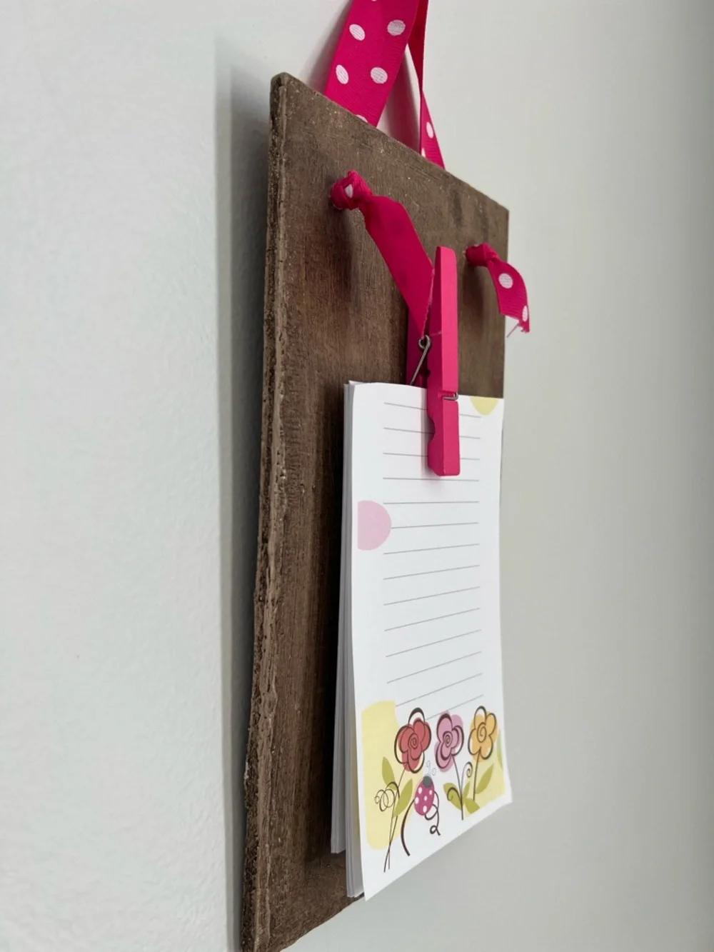 Handmade & Upcycled Pink Polka Dot Ribbon Note Holder Clip 12.25” x 5”